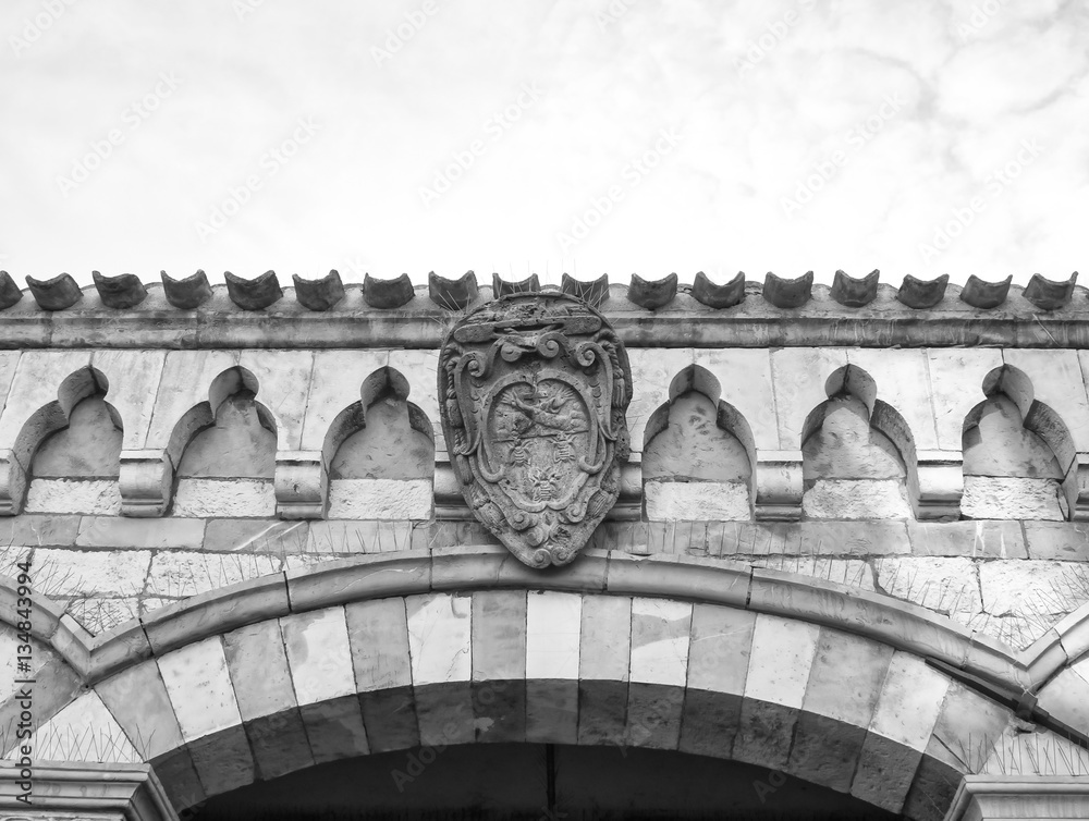 Stone ancient Coat of Arms closeup on the building wall in Italy, black and white.