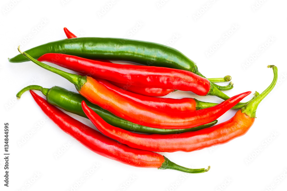 Red and Green Raw Chili Peppers Isolated on White Background