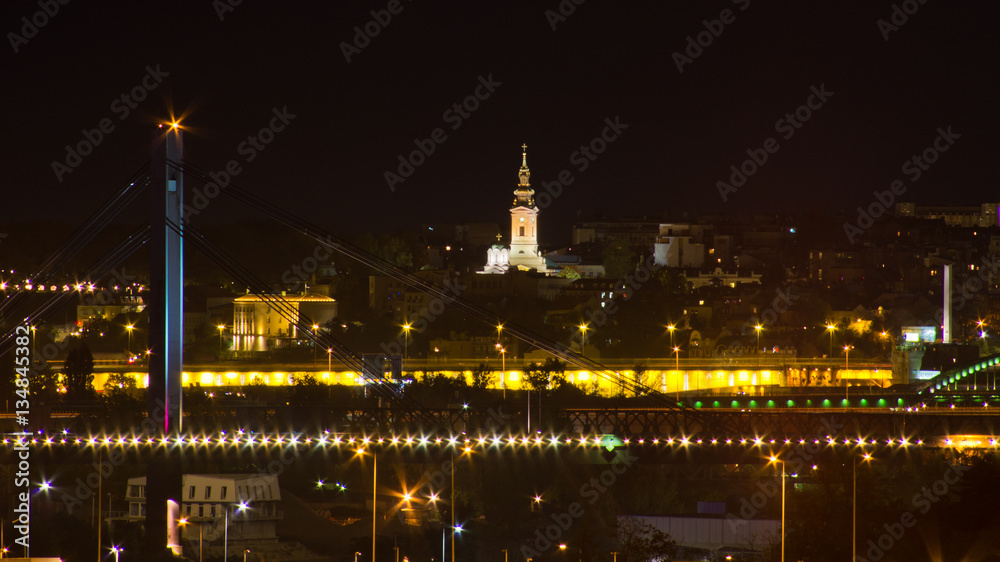 Belgrade downtown or old town, a night view from one of the bridges at Sava River, Serbia