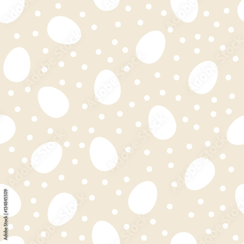 Seamless pattern with white Easter eggs and polka dots or confetti on beige background. Vector illustration.