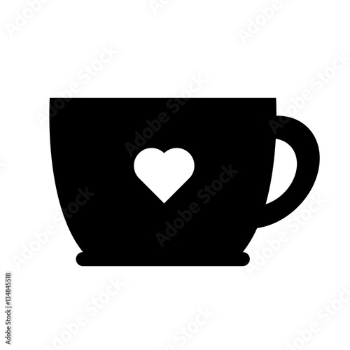 Silhouette of tea or coffee cup, front view. Wide round low mug with heart symbol. Simple vector contour isolated on white background. Graphic icon.