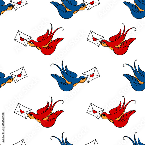 vector seamless pattern with swallow bird, made in old school tattoo style. Valentines day or wedding design.
