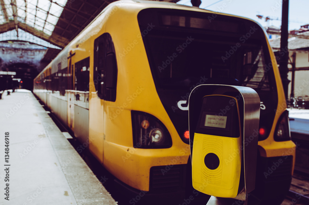 Yellow and black train stop at railway station
