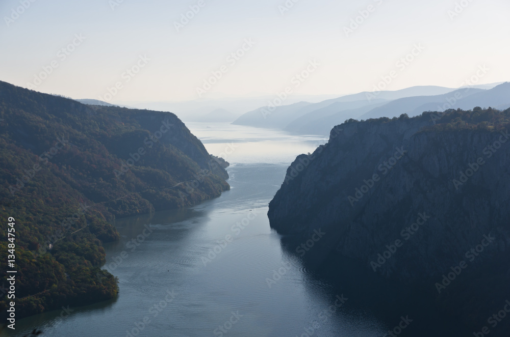 Danube river from the top of the Djerdap gorge at the narrowest place, Djerdap national park, Serbia