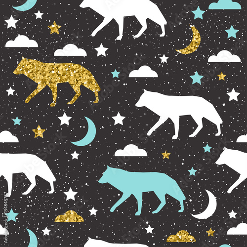 wolf background. Gold, blue and white abstract wolf