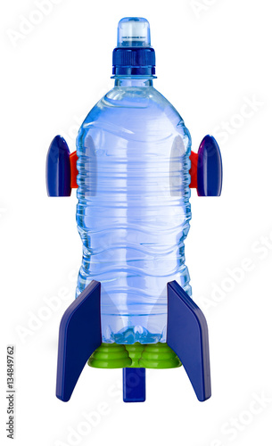 Water bottle in the form of a rocket isolated on white
