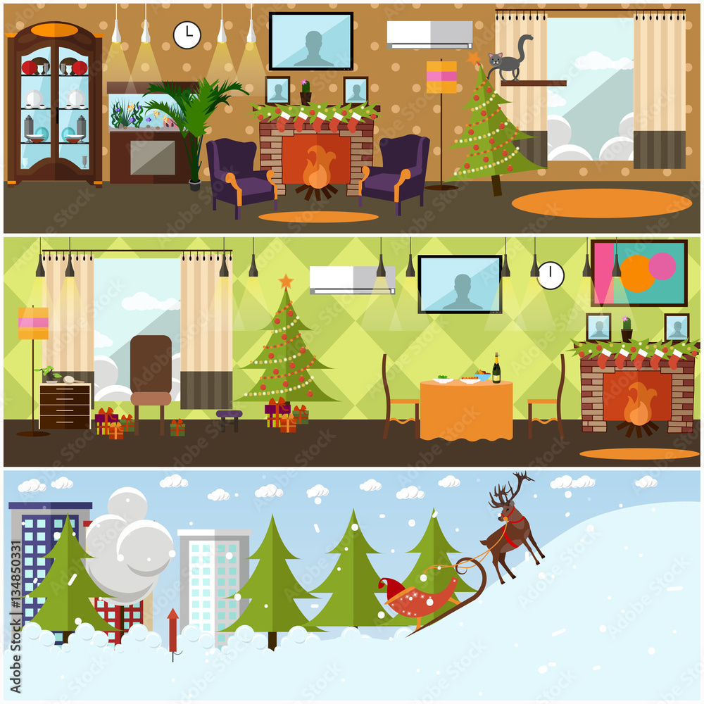 Vector set of banners with christmas home interiors, winter cityscape