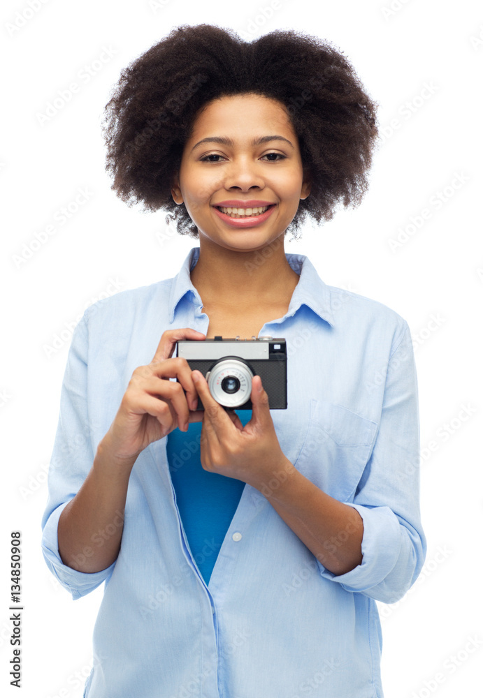happy african american woman with film camera happy african american woman with film camera