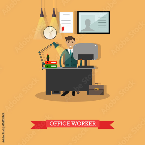 Vector illustration of office worker at his workplace, flat design