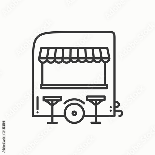 Street food retail thin line icon. Food trolley, truck, kiosk, wheel market stall, mobile cafe, shop, trade cart. Vector linear style icon. Isolated illustration. Symbols. Object. Fast food sale.