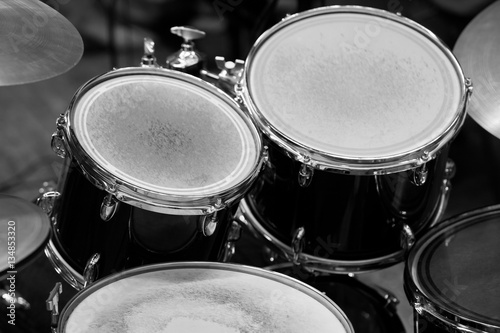  Detail of a drum kit in black and white