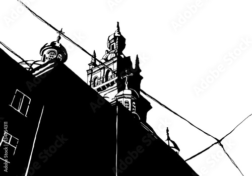 Vector Graphics City. Building's facade. Sketch  illustration