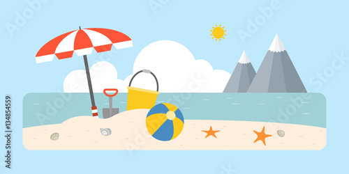 Beach scene with shovel and bucket, beach ball, umbrella on coastal landscape background, flat design for travel vacation business concept