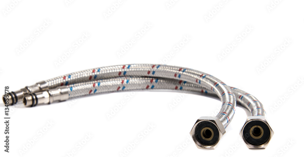 Hose flexible metal braid on a white background