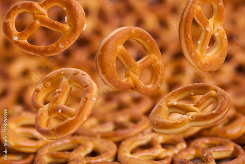 Falling pretzels closeup