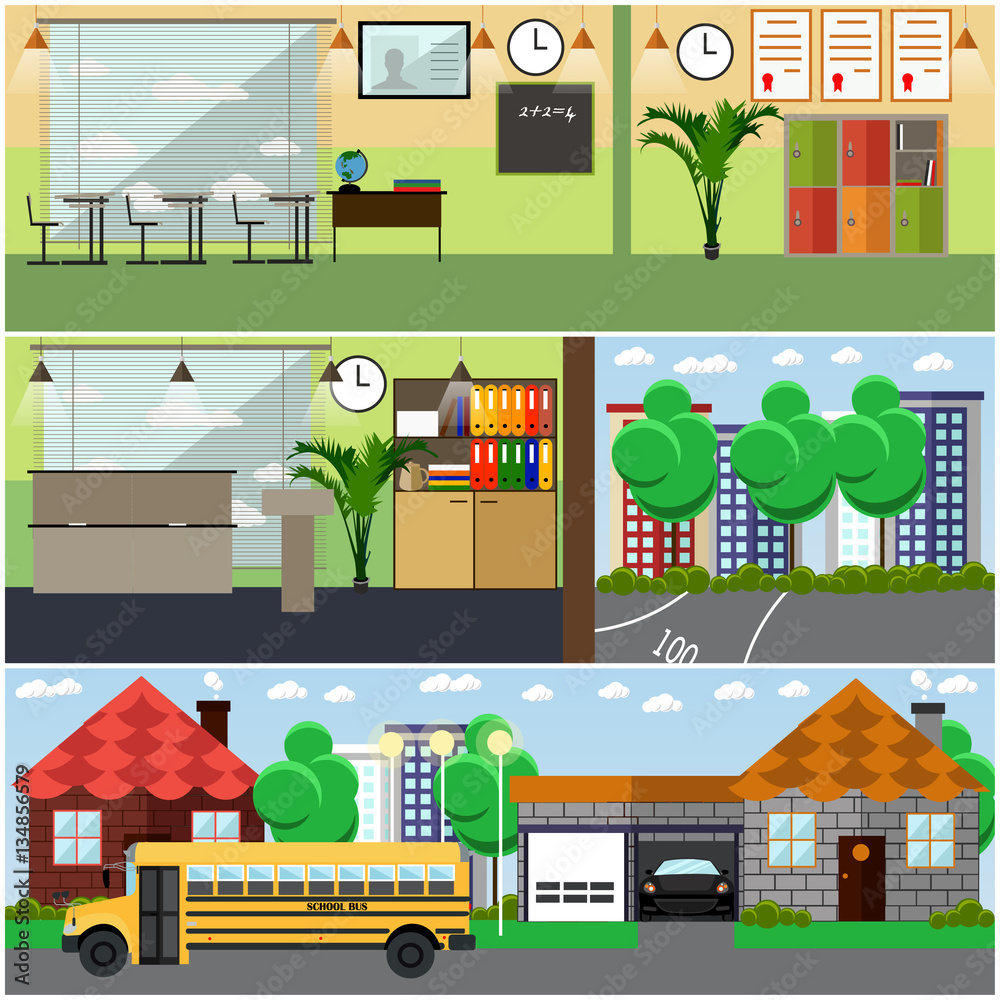 Vector set of school interior concept design elements, flat style Stock ...
