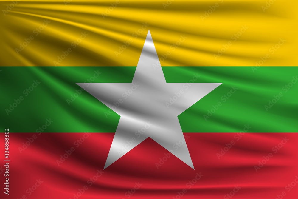 The national flag of myanmar. The symbol of the state on wavy silk fabric. Realistic vector illustration. The national flag of myanmar. The symbol of the state on wavy silk fabric. Realistic vector illustration.