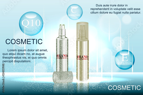 Exquisite cosmetic ads template, blank  mockup with sparkling bokeh background and dazzling effect,  spray bottle, tube. 3D illustration.