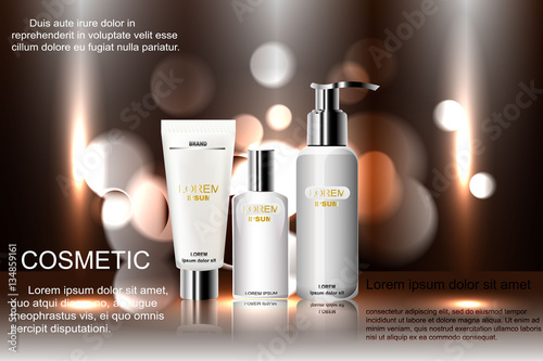 Exquisite cosmetic ads template, blank  mockup with sparkling bokeh background and dazzling effect,  spray bottle, tube. 3D illustration.
