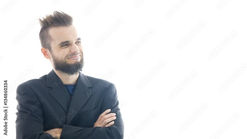 Gleeful funny bearded man in suit crazy giggling, studio isolated on white background. Gleeful funny bearded man in suit crazy giggling, studio isolated on white background.