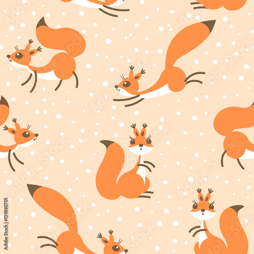 Little cute squirrels under snowfall. Seamless winter pattern for gift wrapping  wallpaper  childrens room or clothing.