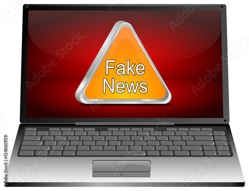 Laptop Computer with Fake News warning sign - 3D illustration