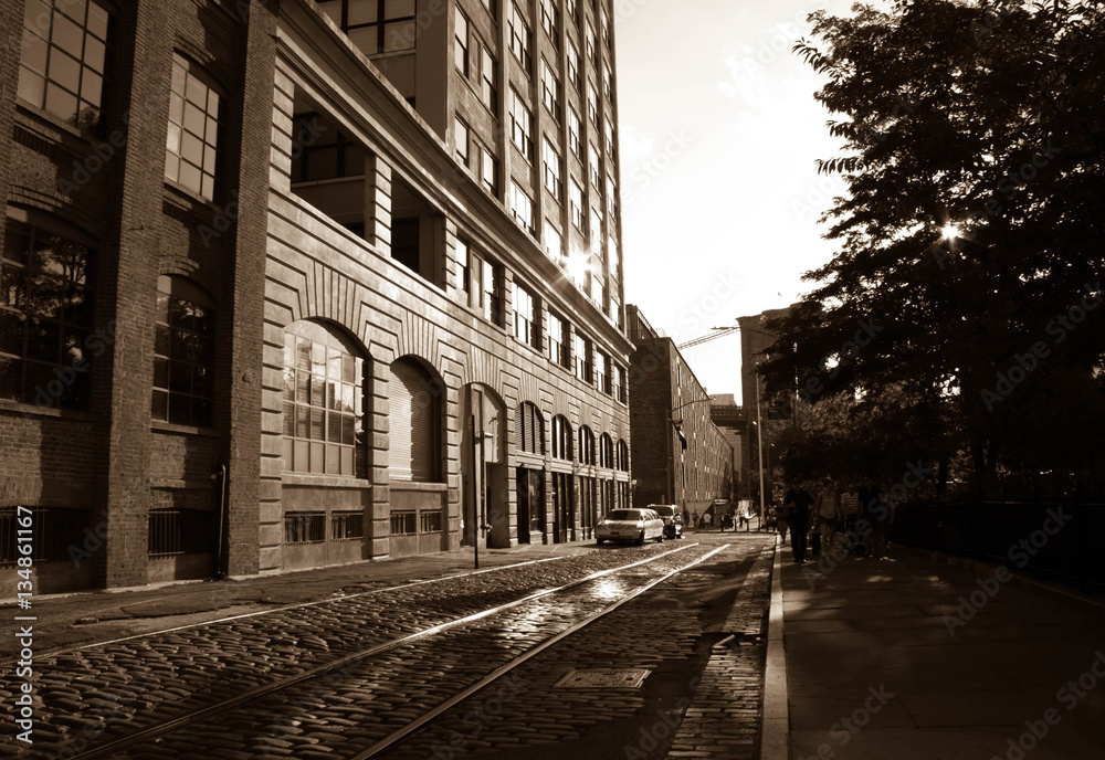 Buildings and the old road under the shade in vintage sepia style, New York