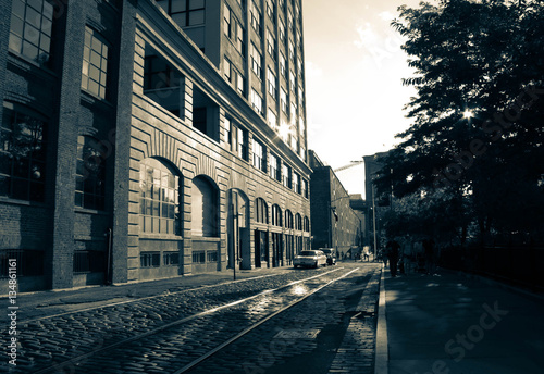 Building and the road under the shade in vintage style, New York