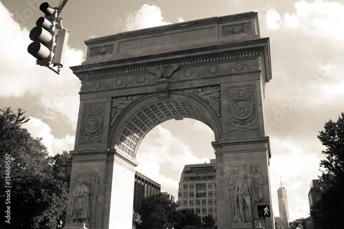 Washington Square Park Arch and traffic light with cloudy sky in vintage style photo