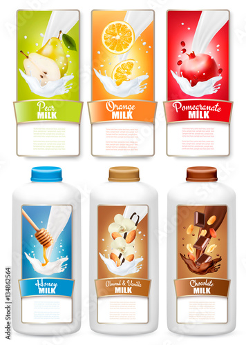 Set of three labels of of fruit in milk splashes. Pear, orange,
