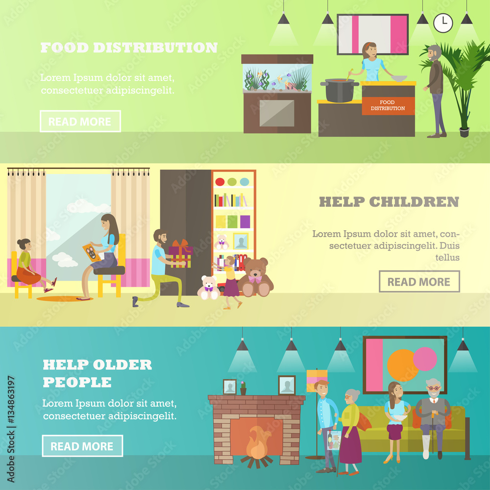 Vector set of volunteers help concept horizontal banners, flat style. Vector set of volunteers help concept horizontal banners, flat style.