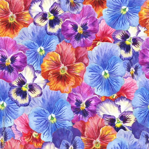 Seamless watercolor pattern of pansies.