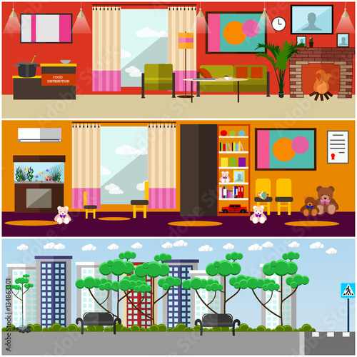 Vector set of volunteers organization interior concept posters, flat style.