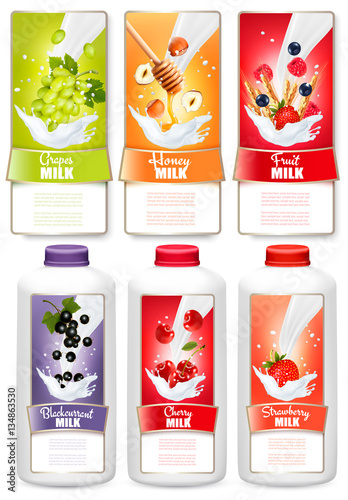 Set of three labels of fruit and berries in milk splashes. Grape