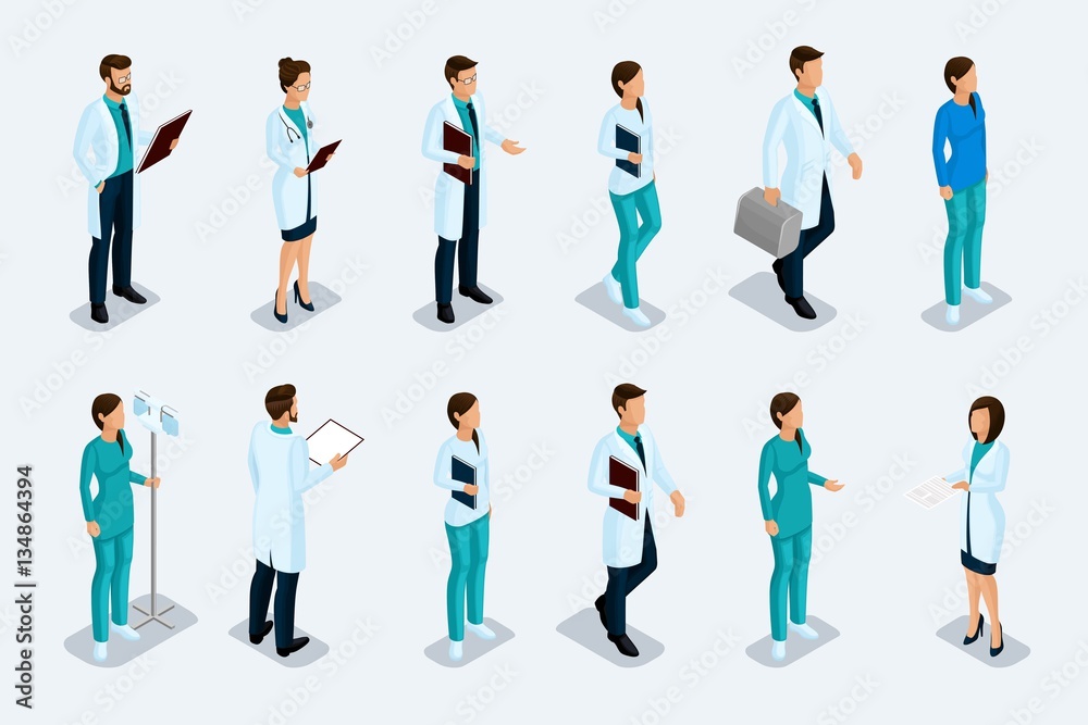 Set of isometric medical professionals, doctor, surgeon, nurse. The hospital staff on a light background. Vector illustration