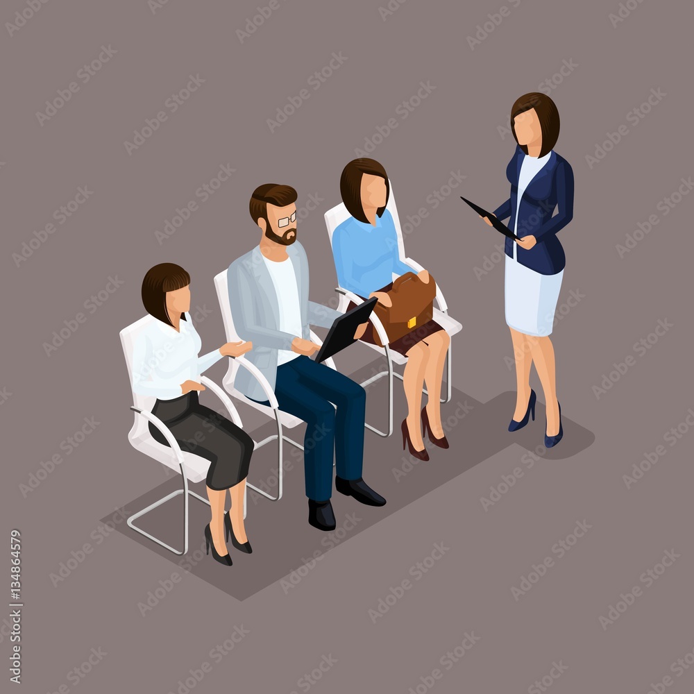 Business people isometric set of women and men in corporate clothes set of candidates, interview isolated on a dark background Business people isometric set of women and men in corporate clothes set of candidates, interview isolated on a dark background