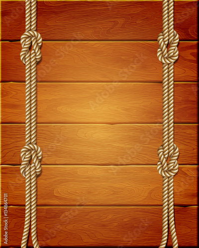 Fototapeta Naklejka Na Ścianę i Meble -  Vertical template, banner or greeting card on wooden background with ropes, vector illustration .