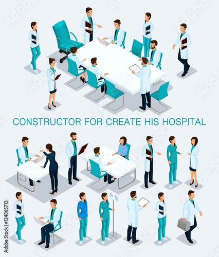 Business people isometric set to create his illustrations consultation in the hospital, doctors, nurses, surgeons 3D medical staff isolated on a light background