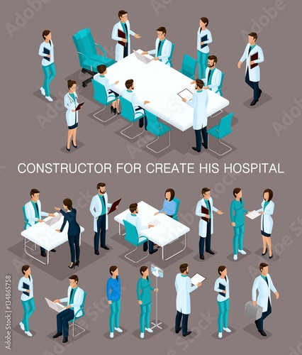 Business people isometric set to create his illustrations consultation in the hospital, doctors, nurses, surgeons 3D medical staff isolated on a dark background