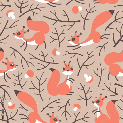 Little cute squirrels in the fall forest. Seamless autumn pattern for gift wrapping, wallpaper, childrens room or clothing. © baksiabat