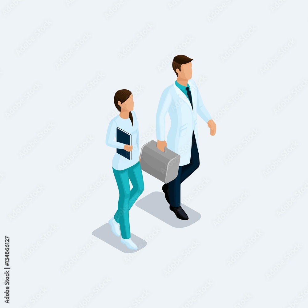 Isometric Doctor surgeon and nurse, hospital staff isolated on a light background. Vektor illustration