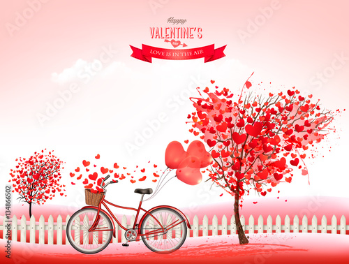 Valentine s Day background with a heart shaped trees and a bicyc