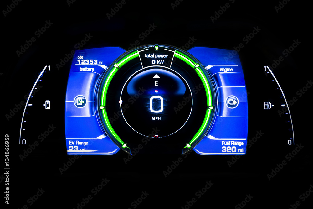 Modern light car mileage on black Battery indicator Total power