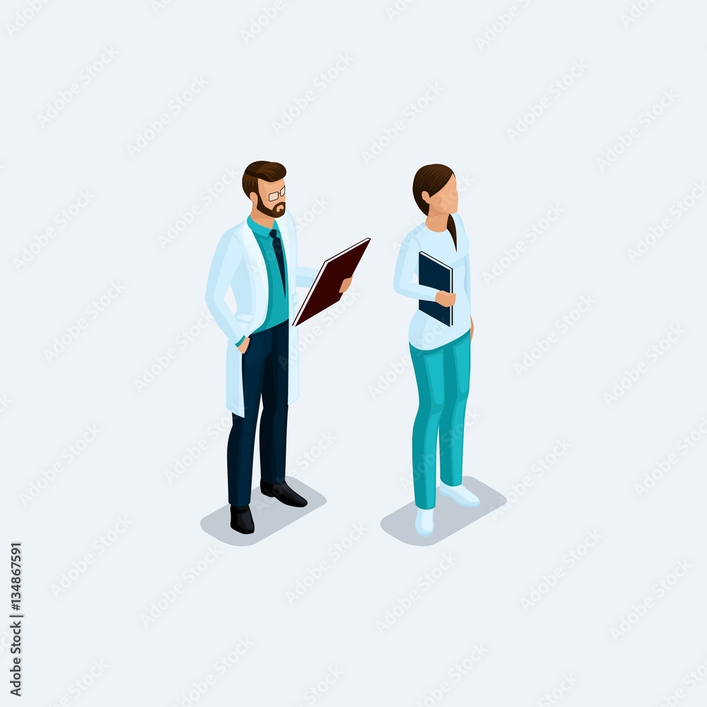 Isometric people, medical personnel, doctor, surgeon and nurse isolated on a light background. Vector illustration