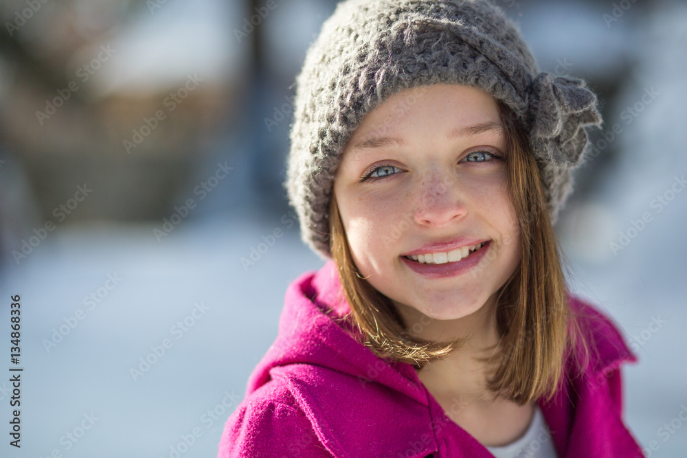 Girl in grey hat and pink coat, portrait Girl in grey hat and pink coat, portrait