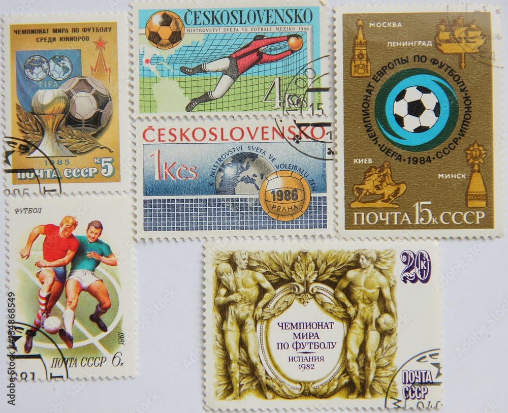 Postage stamps of the USSRand Czechoslovakia  of the 1980s on the theme of football