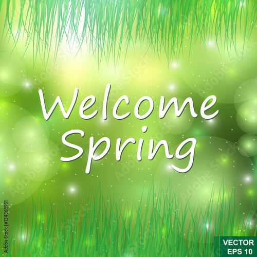 The inscription on a green background Hello Spring. Abstraktnyy.Teplo. Grass.