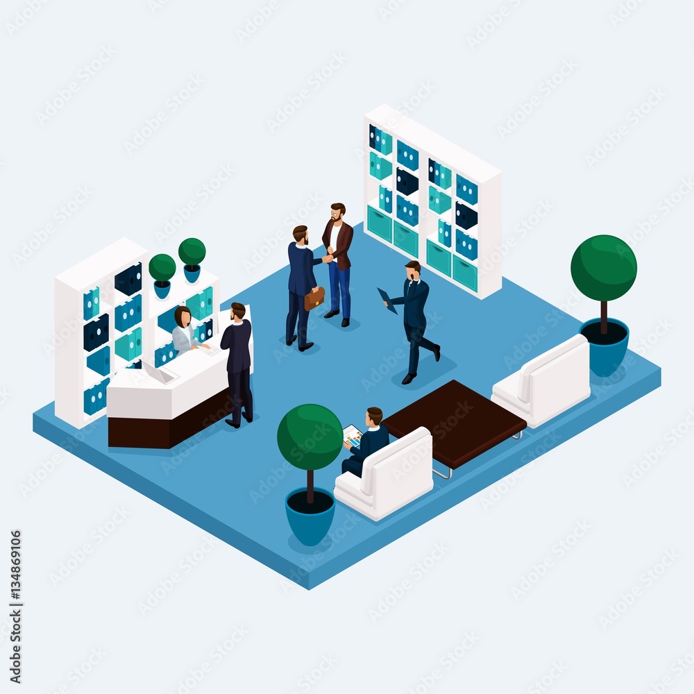 Isometric room multistoried office workers 3D business men and women in the lobby at the reception isolated. Vector illustration Isometric room multistoried office workers 3D business men and women in the lobby at the reception isolated. Vector illustration