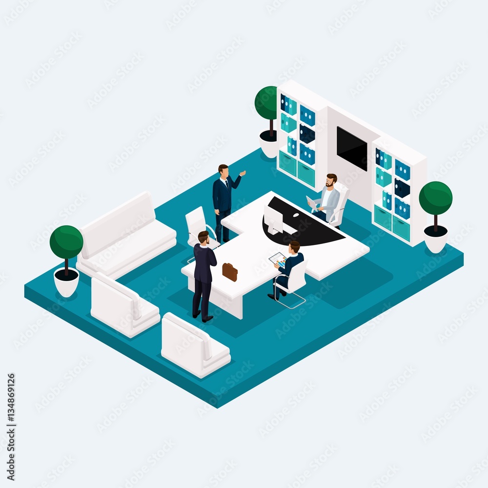 Isometric meeting rooms, a multistoried office workers meeting 3D business men and women, office furniture. Vector illustration