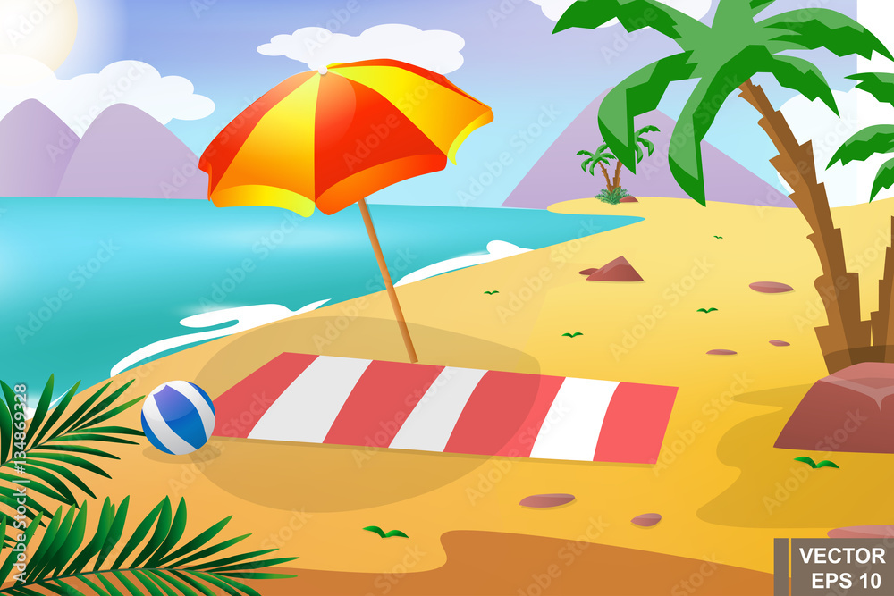 Summer beach. Recreation. The sun. Landscape. Cartoon. For your design.